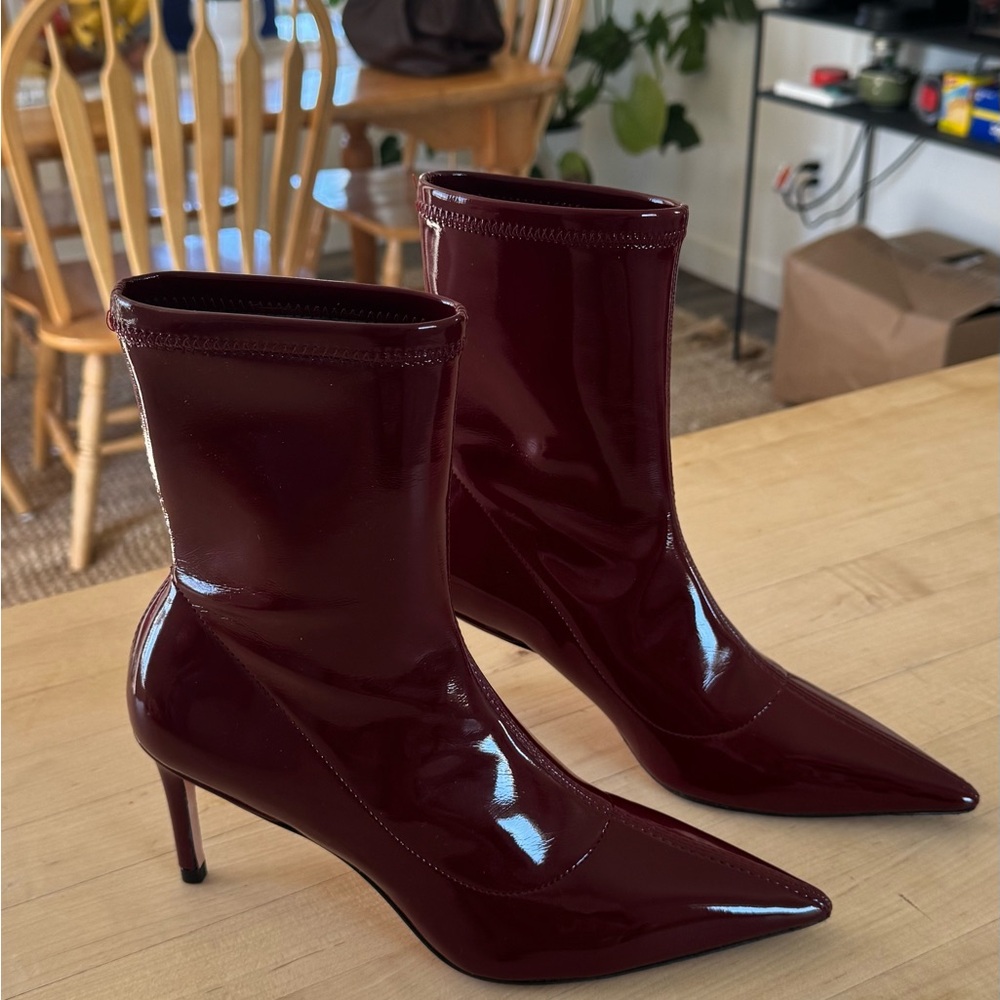 Stuart Weitzman Burgundy Patent Pointed-Toe Ankle Boots